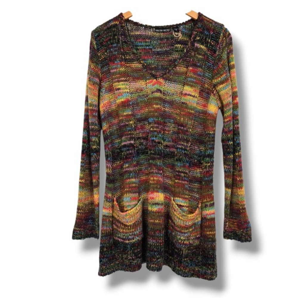 Kristin Nicole Womens 1X Rainbow Space Dye Knit‎ V-Neck Tunic Sweater Pockets
